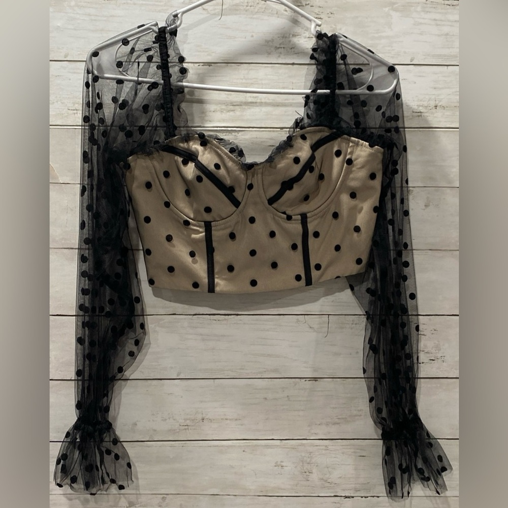 Runaway Black & Nude Cropped Corset Style Top Size 4 Small Polka Dot Mesh